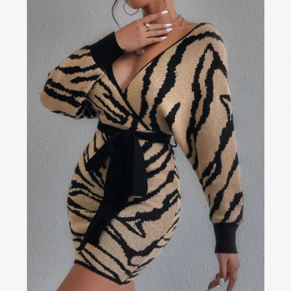 Cozy Off Shoulder Zebra Striped Pattern Batwing Sleeve Belted Sweater Dress - Picture 3 of 5